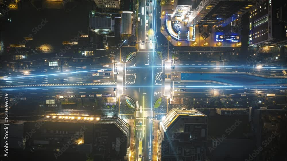 Dynamic city intersection at night with light trails and data overlays, showcasing a fast paced urban environment and augmented reality view