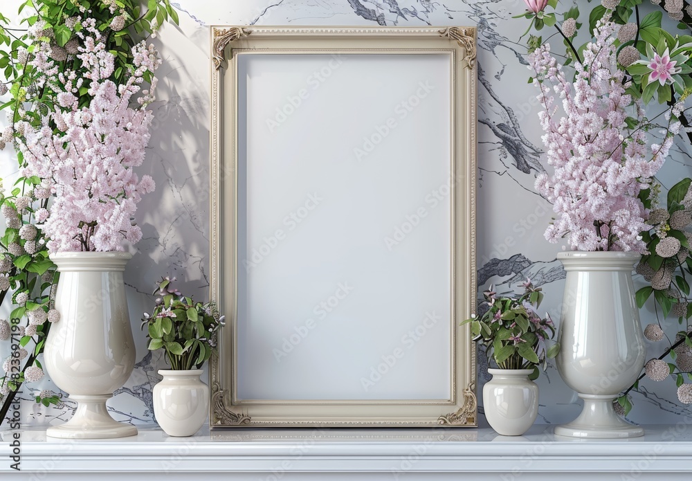 Modern interior design with blank frame mockup and spring flowers on white shelf. Japandi home decor. Luxury golden frame mockup. Scandinavian home interior design of modern living room, kitchen