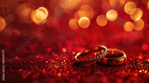 A pair of golden wedding rings on a red background with bokeh lights. 