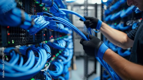A technician wearing gloves is installing blue network cables into a patch panel. photo