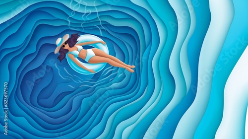 A woman floating on a float in a swimming pool in blue color on an abstract background of water waves merged into a flat background simplified flat design, paper cut style. photo