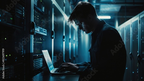 A male IT worker working on a laptop in a dark server room, photo