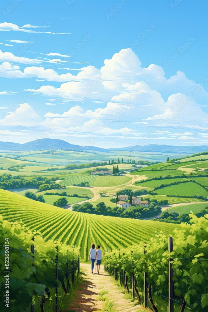 Couple enjoying a sunny day in a vineyard, holding hands and smiling, lush green vines, clear blue sky, romantic setting, peaceful and serene, copy space