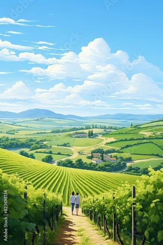 Couple enjoying a sunny day in a vineyard, holding hands and smiling, lush green vines, clear blue sky, romantic setting, peaceful and serene, copy space