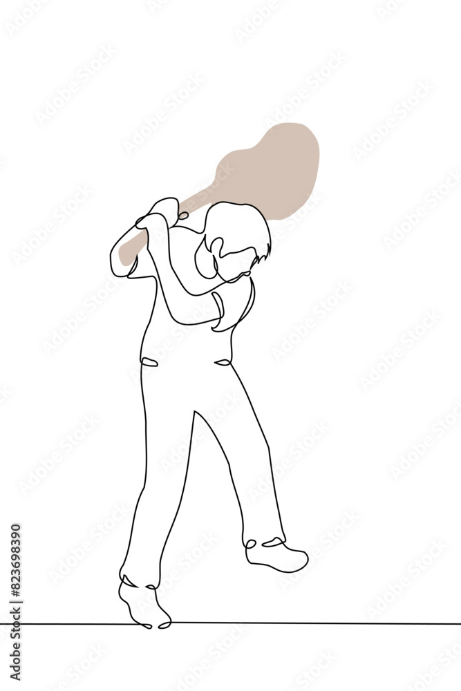man stands at full height swinging a guitar - one line art vector. music hater concept, musician hysteria man stands at full height swinging a guitar - one line art vector. music hater concept, musician hysteria