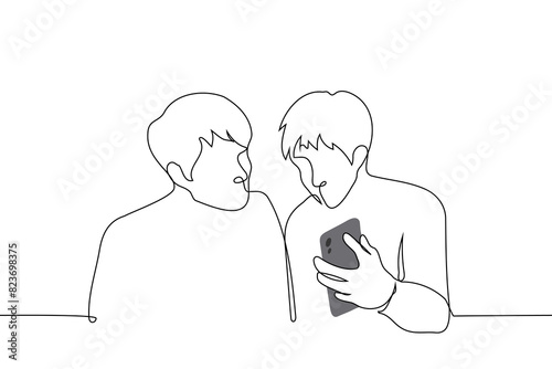 man shows something on the screen of his smartphone to his friend nearby - one line art vector. concept share news, digital event