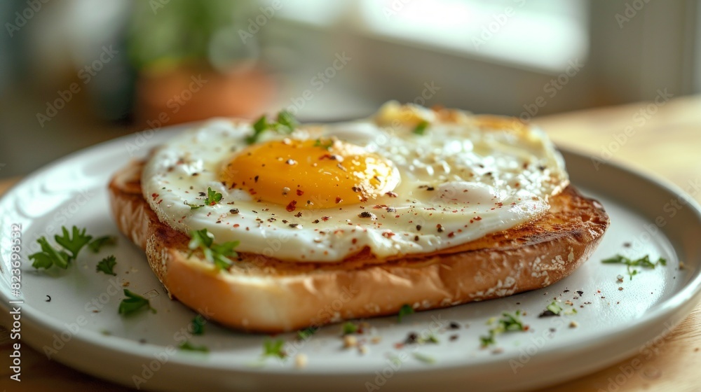 Delicious Fried Egg on Toast Garnished with Herbs for Breakfast Delicious Fried Egg on Toast Garnished with Herbs for Breakfast