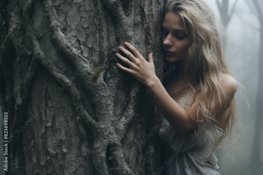 Dreamy image of a young woman with long hair touching a textured tree bark in a foggy woodland