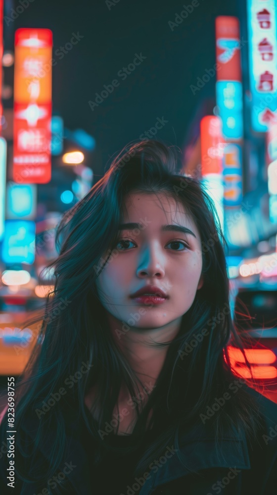 Close-up of a Japanese woman's face with an artistic overlay of colorful city lights at night, creating a dreamy and surreal effect. Close-up of a Japanese woman's face with an artistic overlay of colorful city lights at night, creating a dreamy and surreal effect.