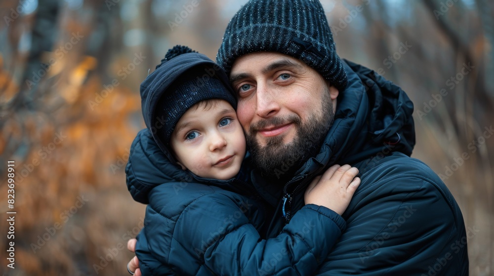 Father and son embracing in autumn park Father and son embracing in autumn park