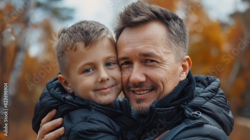 Father and son embracing in autumn park
