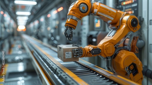 The closeup photo shows a robot arms gripper holding a box over a conveyor belt in a realistic and minimal style, Generated by AI photo