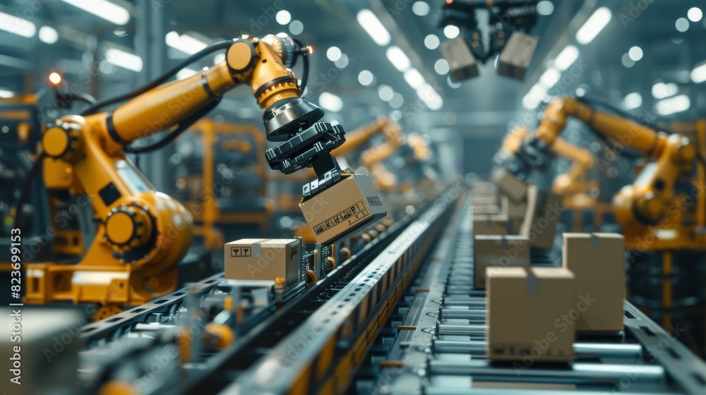 The closeup photo shows a robotic arm gripping a box above a conveyor belt in a realistic and minimal manner, Generated by AI