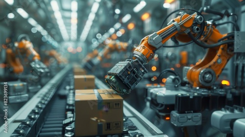 The closeup photo shows a robotic arms gripper holding a box above a conveyor belt in a realistic and minimal style, Generated by AI