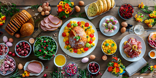 Rustic Table Laden with Colorful Dishes Including Yam Eggs for Festive Feasting