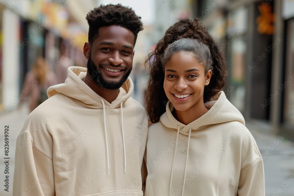 Portrait of a handsome young couple. Street photography, contemporary style. Happy couple smiling on a city street Portrait of a handsome young couple. Street photography, contemporary style. Happy couple smiling on a city street