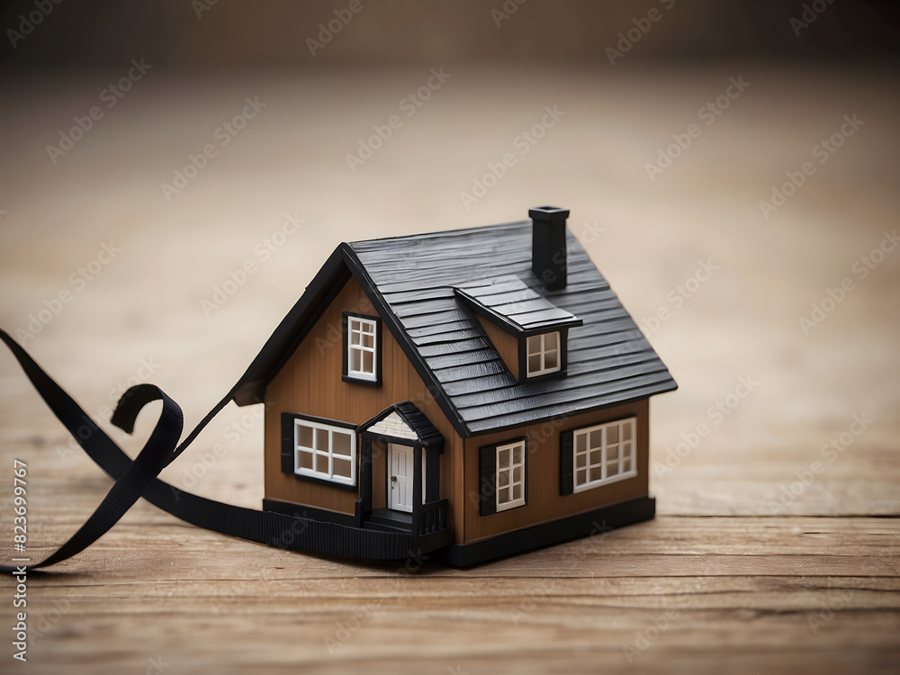 Black Friday concept. Buy a house with a discount. A miniature house model with a black ribbon design, Black Friday concept. Buy a house with a discount. A miniature house model with a black ribbon design,