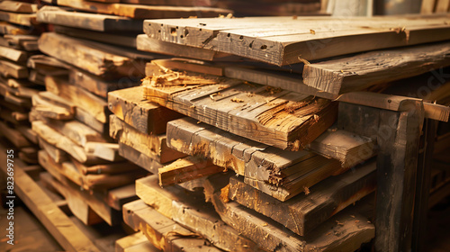 Decrepit, dry, old boards stacked in a warehouse. Incorrect storage of wood. Boards for construction photo