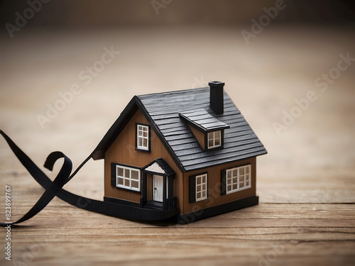 Black Friday concept. Buy a house with a discount. A miniature house model with a black ribbon design, © Mahmud