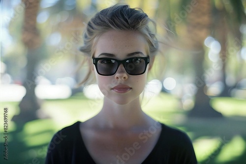 Young woman Caucasian Model Posing with Sunglasses in Urban Park