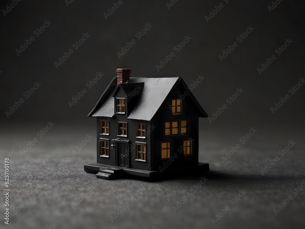 Black Friday concept. Buy a house with a discount. A miniature house model with a black ribbon design, Black Friday concept. Buy a house with a discount. A miniature house model with a black ribbon design,