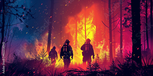 Professional firefighters extinguish a large forest fire. A team of highly qualified firefighters is walking through a forest engulfed in fire, colorful illustration. Fighting forest fires photo