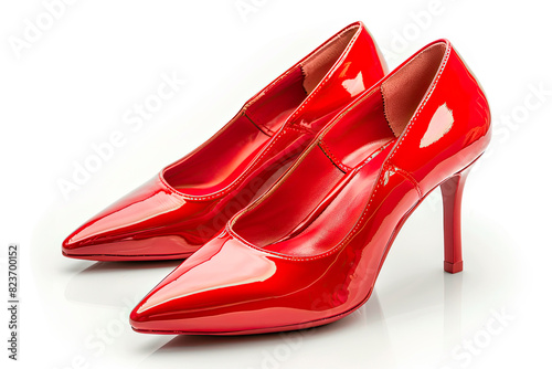 Women's red shoes with glitter on a white background