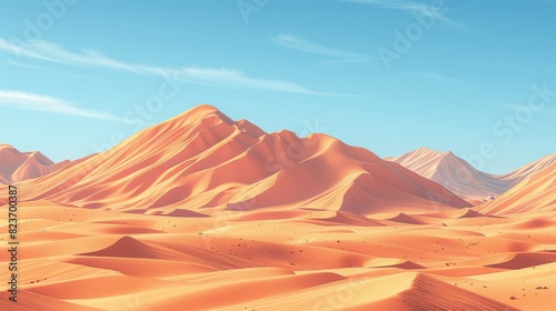 Breathtaking desert landscape with vibrant orange sand dunes and clear blue sky, creating a serene and picturesque natural scene. photo