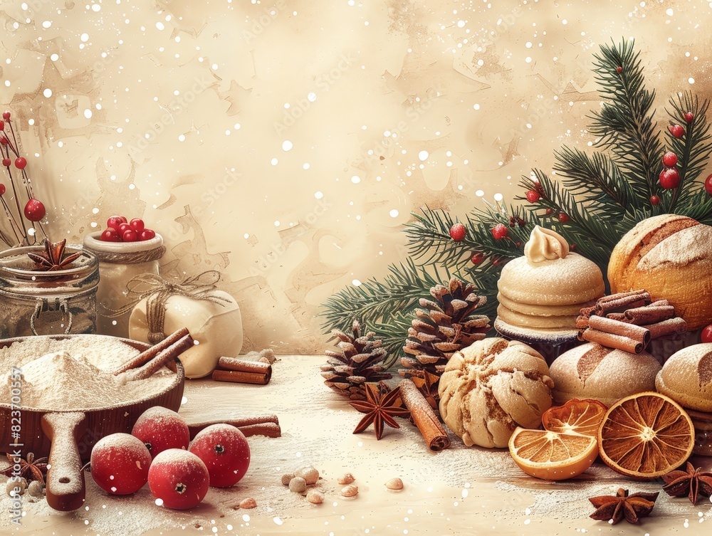 Festive Painting of Christmas Scene With Cinnamons, Oranges, and Cookies Festive Painting of Christmas Scene With Cinnamons, Oranges, and Cookies