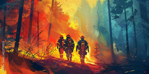 Professional firefighters extinguish a large forest fire. A team of highly qualified firefighters is walking through a forest engulfed in fire, colorful illustration. Fighting forest fires photo