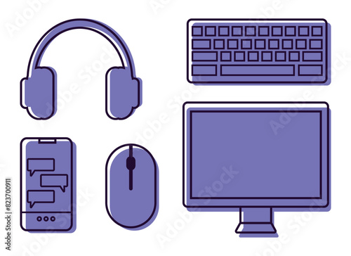 Technology home office line icons set. Computer monitor, keyboard, mouse, headphones and smartphone icons. Vector illustration