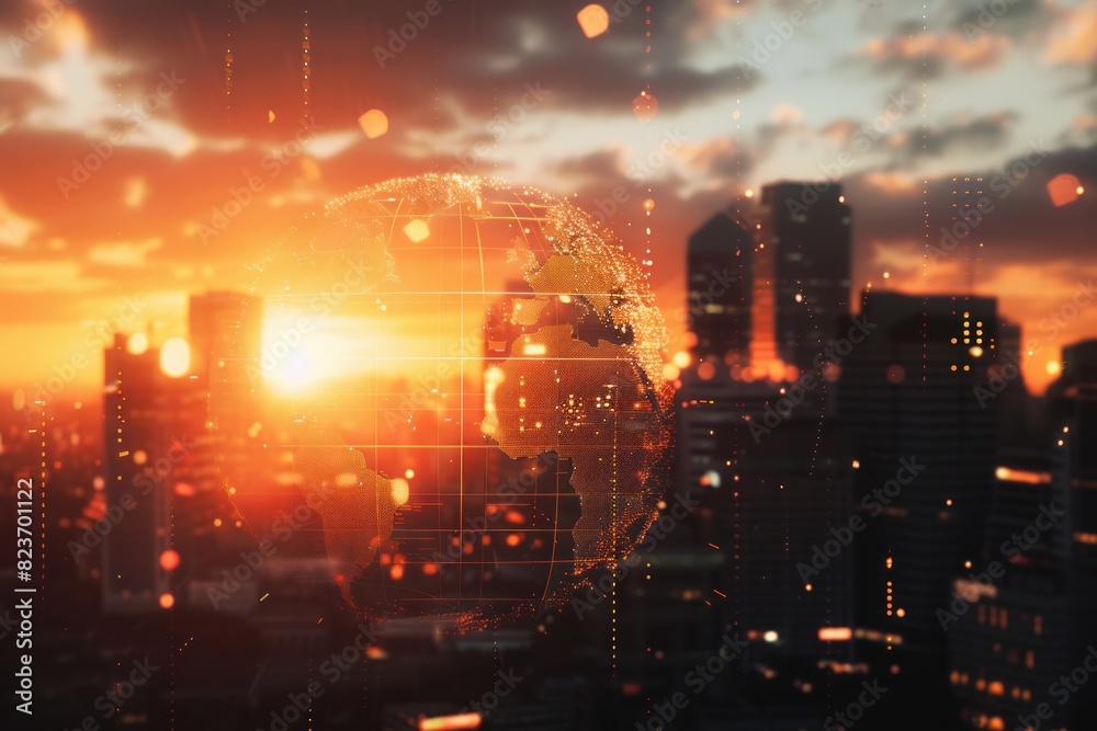 Building environment sunset with technology network. Smart city and communication network concept. AI Generative