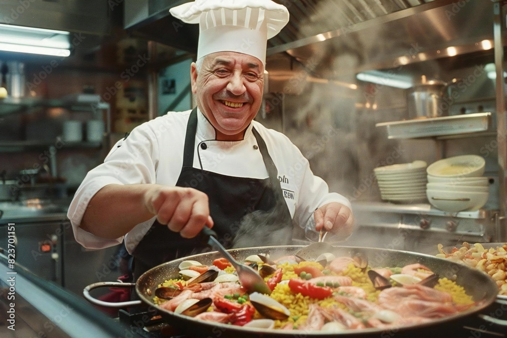 Happy Senior Male Hispanic Chef Cooking Paella Using Skillet - Kitchen Happy Senior Male Hispanic Chef Cooking Paella Using Skillet - Kitchen