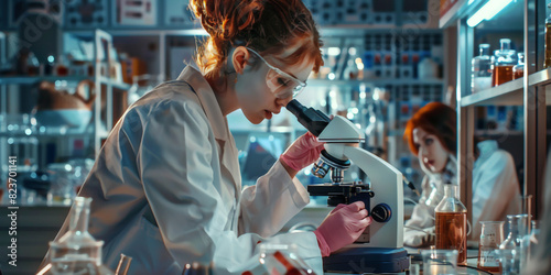 A female scientist in a white coat and pink gloves is working with a microscope at a lab, while her friend behind her works on an experiment