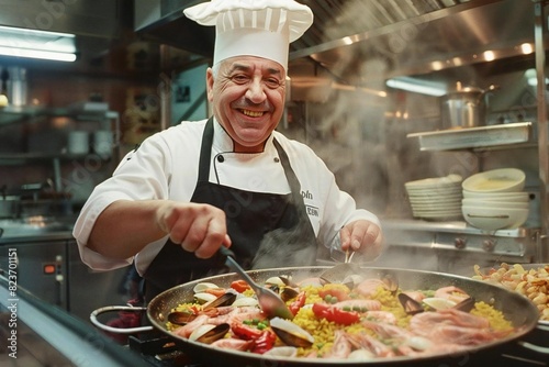 Happy Senior Male Hispanic Chef Cooking Paella Using Skillet - Kitchen