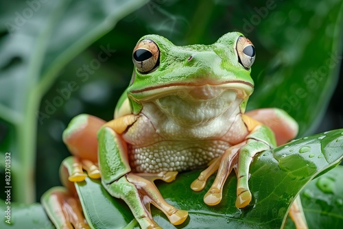 Digital artwork of large tree frog peeping out of a leaf  high quality  high resolution