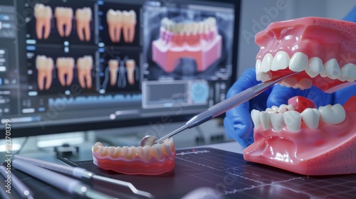 Dental model of teeth with dental instruments and x-ray image in the background. photo