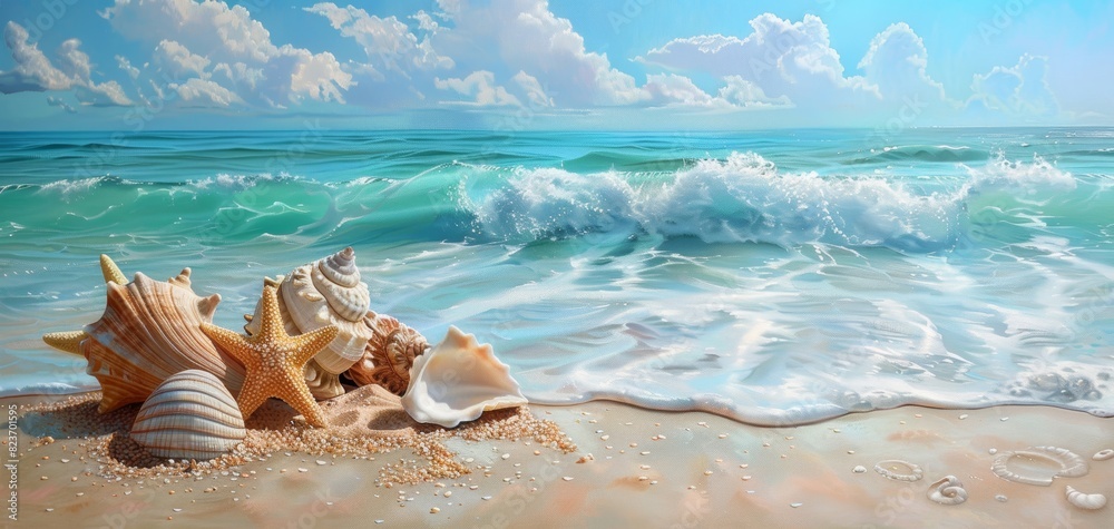 Seashells and starfish on a sandy beach with turquoise waves, Summer, Realism, Soft pastels, High detail Seashells and starfish on a sandy beach with turquoise waves, Summer, Realism, Soft pastels, High detail