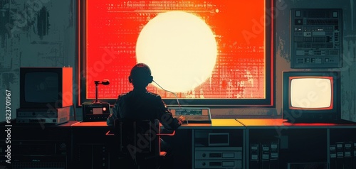 A silhouette of a person at a desk, surrounded by vintage electronics, facing a bright screen with digital graphics.