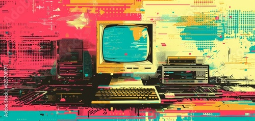 Vintage computer setup with vibrant abstract background, ideal for retro technology themes.