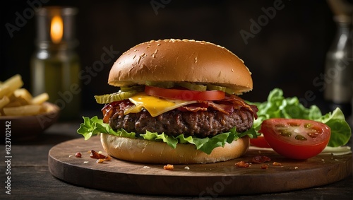 Delicious beef burger with melted cheese and bacon on black background