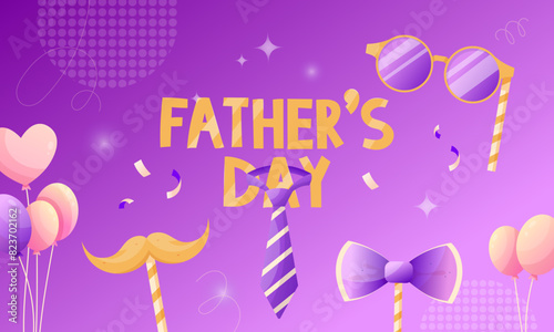 Happy Father's Day set of elements for congratulating dady. Greeting card, poster or banner with bow tie, glasses, mustache, balloons. Vector illustration