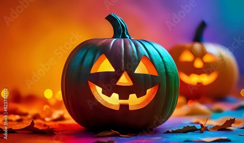 iridescent jack-o-lantern on a colorful background. AI Generated