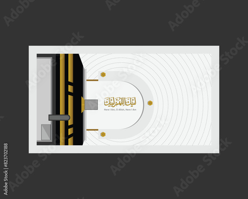 Top view of the Kaaba. Pilgrims encircle the Kaaba during the performance of Hajj and Umrah. Design for Eid Adha and Eid Muba