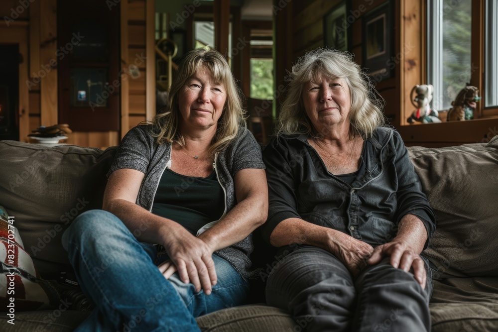 Candid portrait of two adult caucasian women relaxing on a sofa indoors Candid portrait of two adult caucasian women relaxing on a sofa indoors