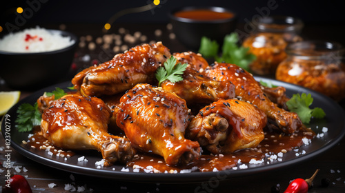 Delicious Fried Chicken Leg Pieces in Plate With Sliced Lemons on Wooden Table Background