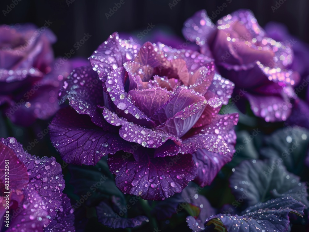 Purple cabbage ornamental plant with morning dew drops Purple cabbage ornamental plant with morning dew drops