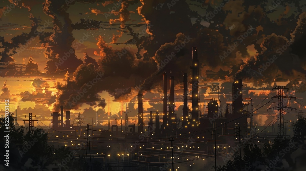 oil plant at night with beautiful sky, illuminated, oil factory and grid in the background, smoke coming out of chimneys, industrial landscape, photo realistic, high resolution photography,