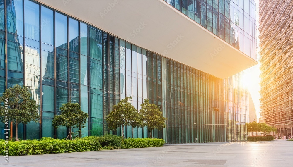 Modern office walls of business building with sunlight reflection on window glass