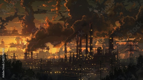 oil plant at night with beautiful sky  illuminated  oil factory and grid in the background  smoke coming out of chimneys  industrial landscape  photo realistic  high resolution photography 